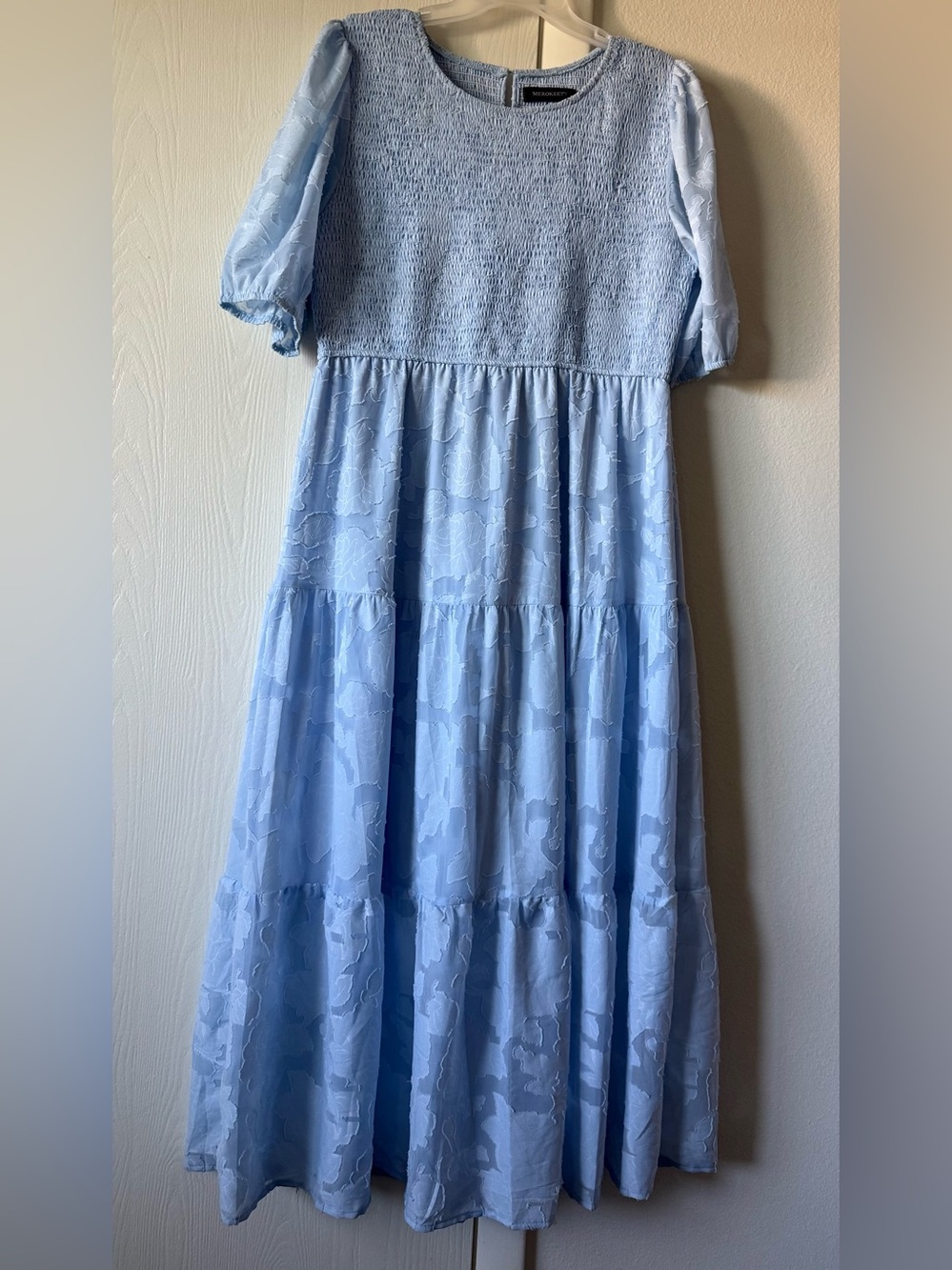 MEROKEETY Light Blue Smocked Floral Jacquard Tiered Maxi Dress